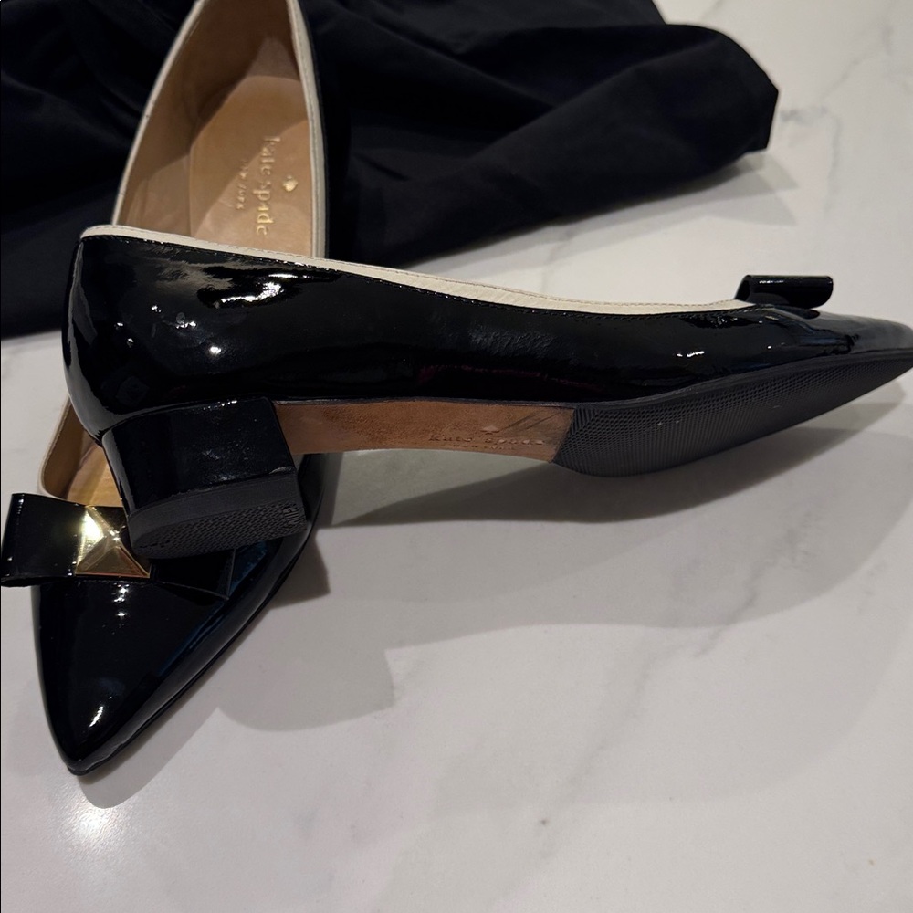 kate spade Black Patent Pointed Toe Bow Flats with Gold Accent - Picture 3 of 12
